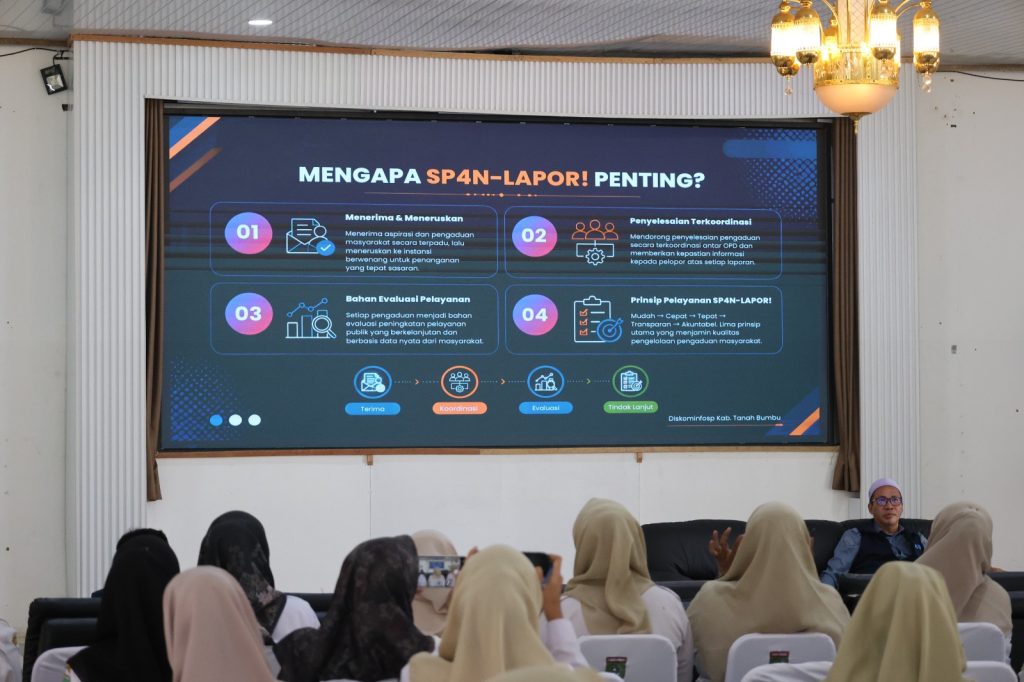 Admin sekolah TK, SD, dan SMP se-Kabupaten Tanah Bumbu mengikuti kegiatan monitoring dan evaluasi SP4N LAPOR! di Pendopo Kantor Bupati Batulicin.